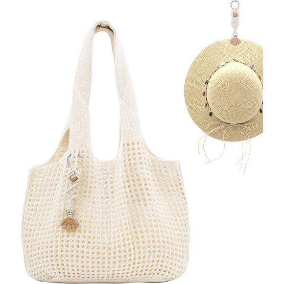 L-beige Crochet Tote Bag Summer Beach Elegant Knit Shoulder Bag with Macrame Hat - Picture 1 of 6